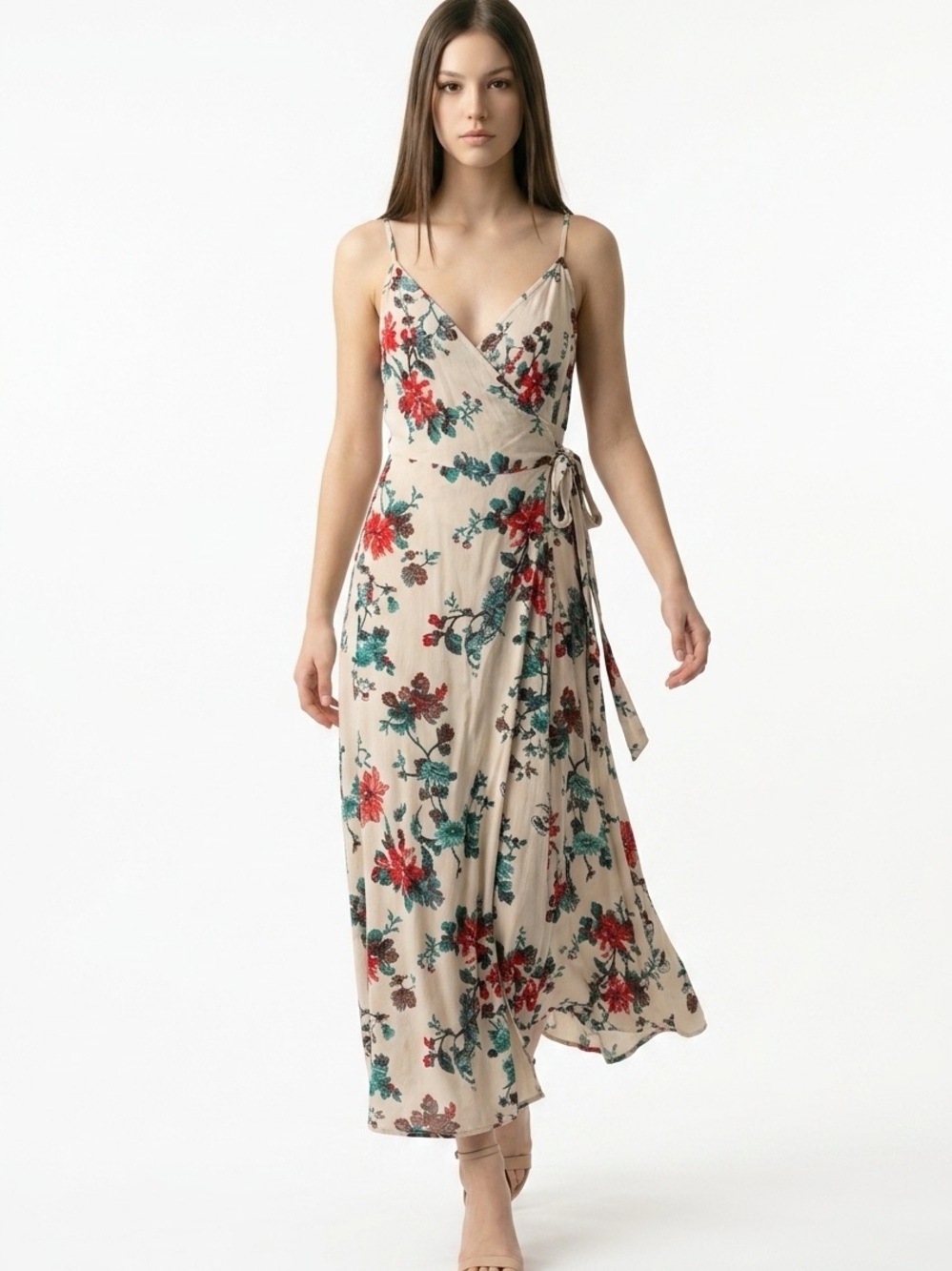 hinge Beige Floral Wrap Maxi Dress with Red & Green Print